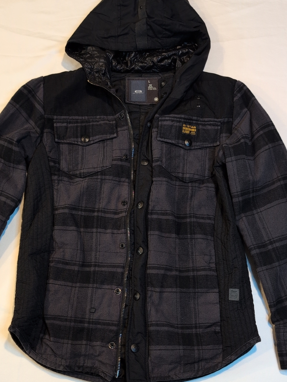 G-Star Men's Black & Charcoal Plaid Hooded Shirt Jacket